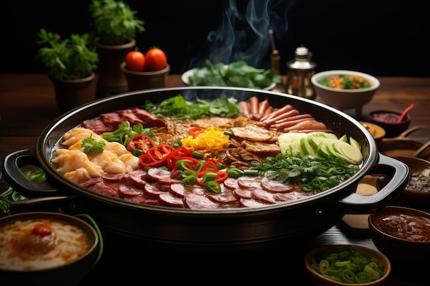 Traditional Chinese Hot Pot Filled with an Assortment of Fresh Ingredients Generative AI