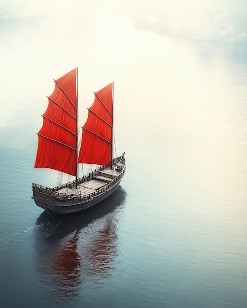 Traditional Chinese junk boat with red sails on a river more clarity with clear light and sharp focus super detailed