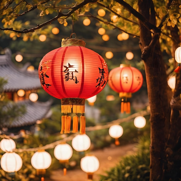 Traditional Chinese lantern hanging from a tree branch