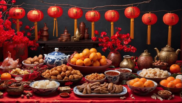 Traditional Chinese lunar New Year dinner table over red background Backdrop with copy space