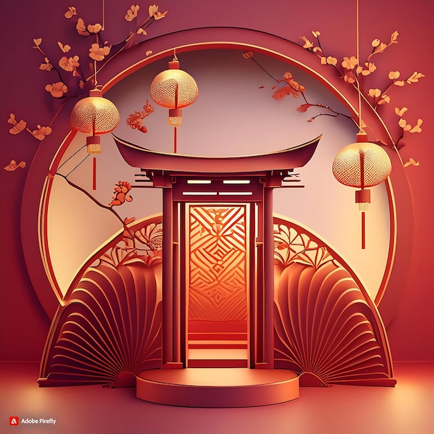 Traditional Chinese New Year Red background with Sakura tree and lantern decoration