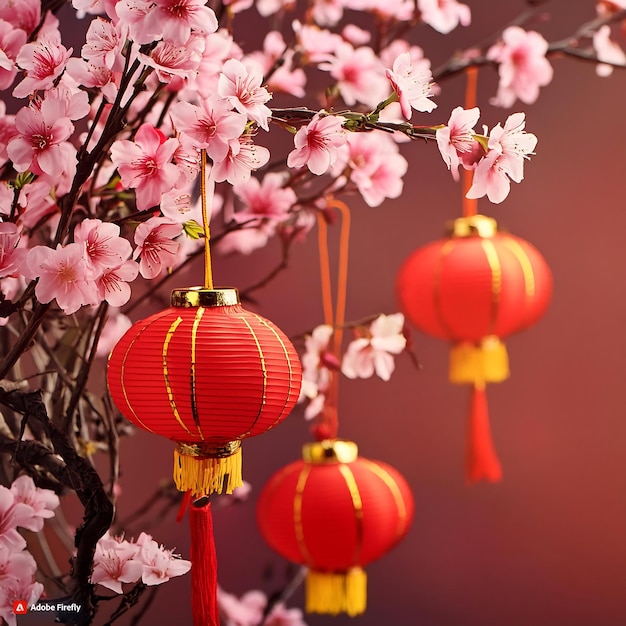 Traditional Chinese New Year Red background with Sakura tree and lantern decoration