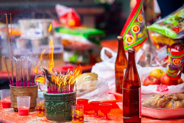 Traditional Chinese religious customs incense burners fire on Chinese Ghost Festival