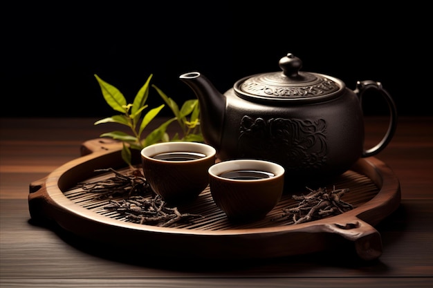 Traditional Chinese Tea Ceremony Set with Earthenware Teapot Two Bowls and Bamboo Tea Tray