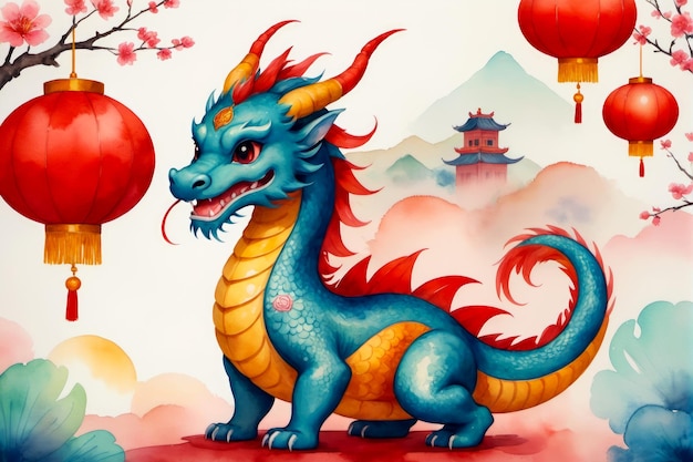 Traditional Chinese watercolor dragon on a cute New Year postcard AI Generated