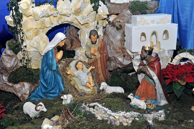 Traditional Christmas nativity scene with Mary and Joseph and baby Jesus in the manger.