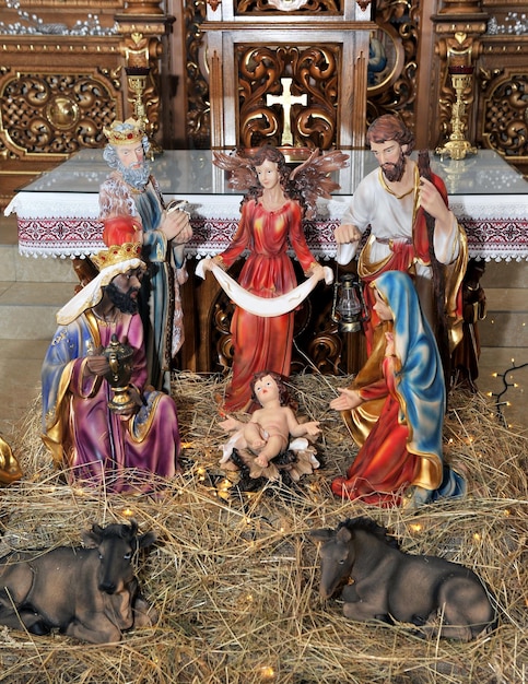 Traditional Christmas nativity scene with Mary and Joseph and baby Jesus in the manger.