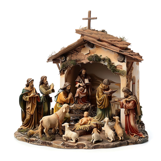 Traditional Christmas Nativity Scene with Wooden Stable and Figures