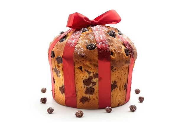 Photo traditional christmas panettone with red tie isolated on white background