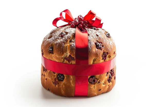 Photo traditional christmas panettone with red tie isolated on white background