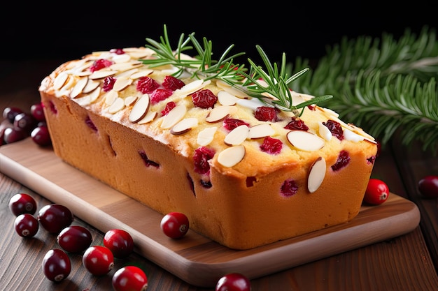 Traditional christmas pound cake decorated with sugar and cranberries on wooden table