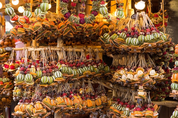 Traditional Christmas scented decoration made of spices and dry fruits at market