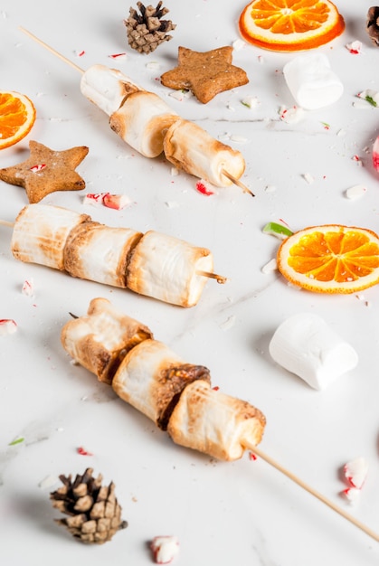 Traditional christmas sweets - candy cane, marshmallow, dried orange, gingerbread stars, baked on fire marshmallow skewers