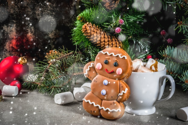 Traditional Christmas treat. Hot chocolate with marshmallow, gingerbread man cookie, fir tree branches and xmas holiday decorations  copyspace