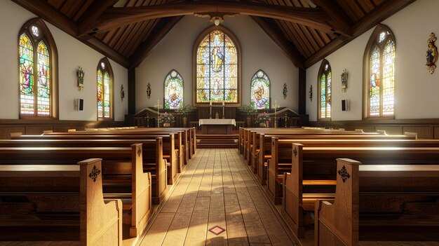 Traditional Church Interior with Wooden Pews and Stained Glass Windows