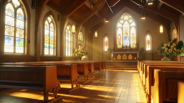 Traditional Church Interior with Wooden Pews and Stained Glass Windows