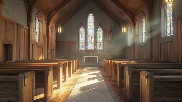 Traditional Church Interior with Wooden Pews and Stained Glass Windows