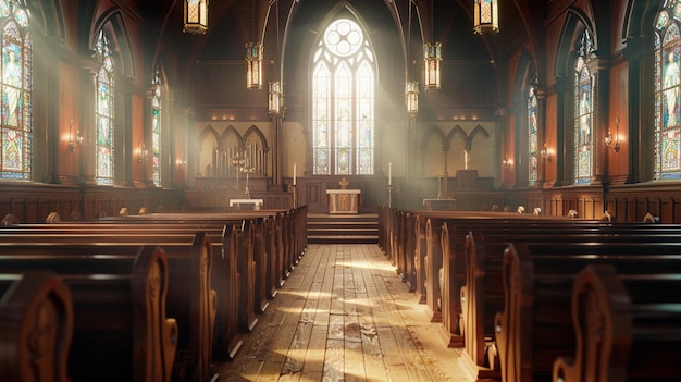 Traditional Church Interior with Wooden Pews and Stained Glass Windows