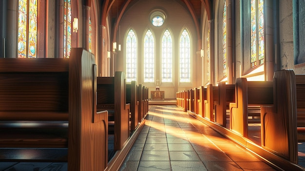 Traditional Church Interior with Wooden Pews and Stained Glass Windows