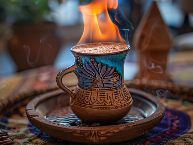 Photo traditional clay cup of coffee with flames and steam in an outdoor setting