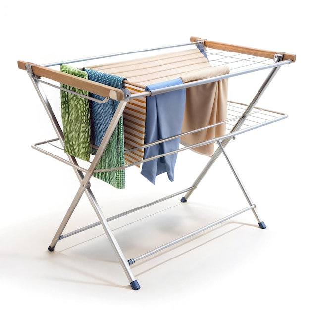 Photo traditional clothes dryer displaying various fabrics on a white background generative ai