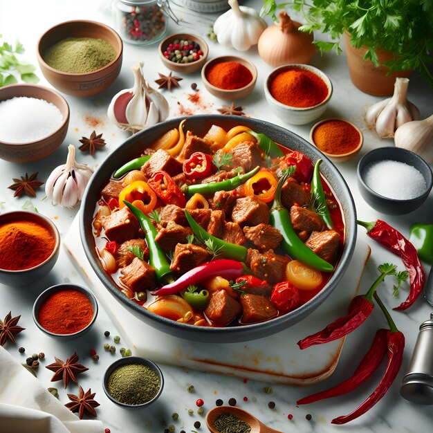 Traditional Cobanac Stew with Fresh Herbs on Marble Counter