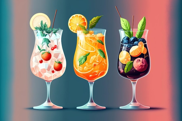 The traditional cocktail gin tonic long drink is available in several variations with garnishes in each glass such as orange lemon grapefruit cucumber or berries