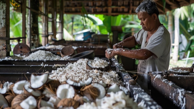 Photo traditional coconut processing in tropical setting