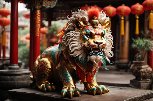 Traditional colorful chinese lion Chinese paper means good fortune