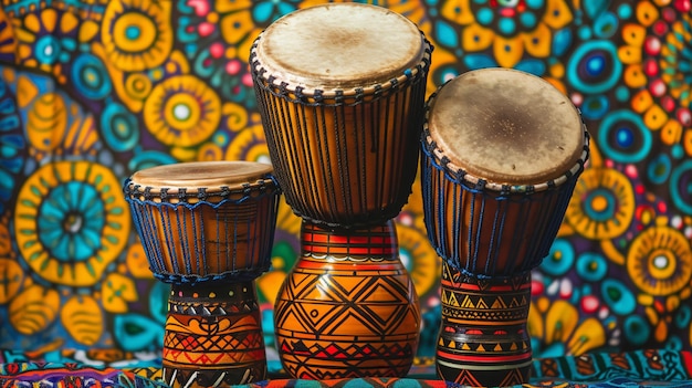 Traditional colorful So fca drums lined up in intricate designs against a colorful backdrop