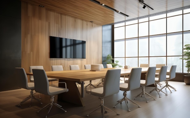 Traditional conference room with wooden table and white chairs