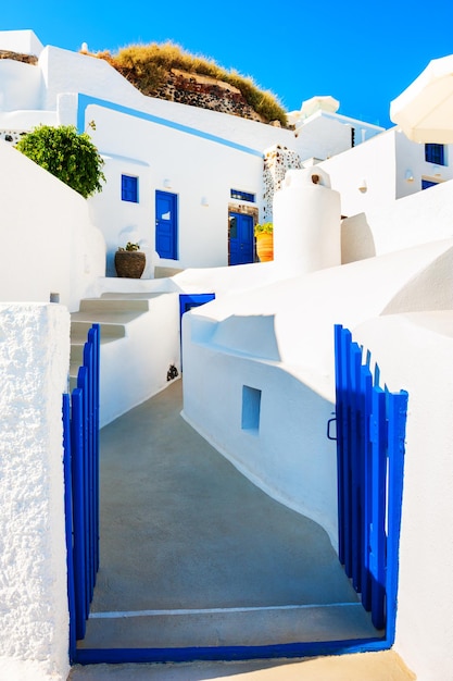 Traditional cycladic white and blue architecture on Santorini island, Greece.