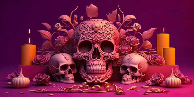 Traditional Day of the dead Altar with sugar skull on pink background AIGenerated