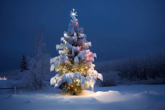 A traditional decorated christmas tree in a winter scene with snow and icicles