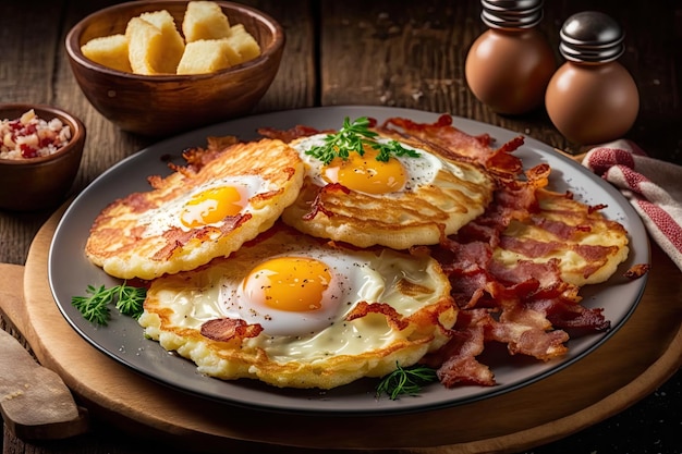 Traditional delicious potato pancakes with fried egg sausage and bacon pieces