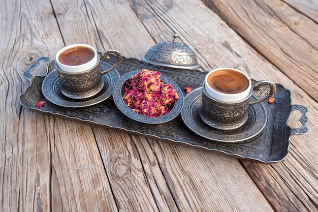 Traditional delicious Turkish coffee and Turkish rose delight dessert