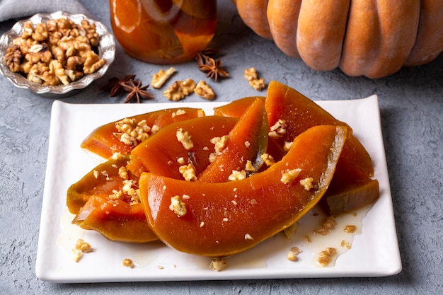 Traditional delicious Turkish cuisine; Pumpkin dessert or jam (Turkish name; Kirecte kabak receli or kabak tatlisi)