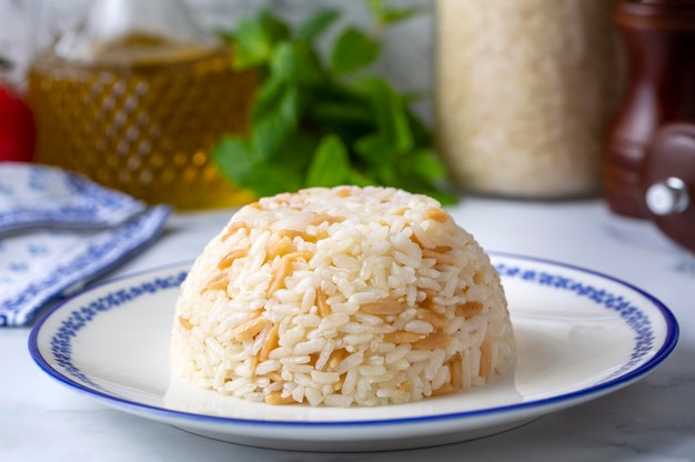 Traditional delicious Turkish food; Turkish style rice pilaf (Turkish name; Arpa sehriyeli pirinc pilavi)