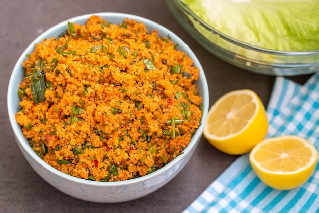 Traditional delicious Turkish foods: bulgur salad (kisir)