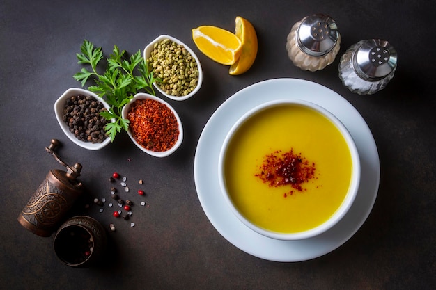 Traditional delicious Turkish foods; Red lentil soup (Turkish name; Mercimek corbasi)