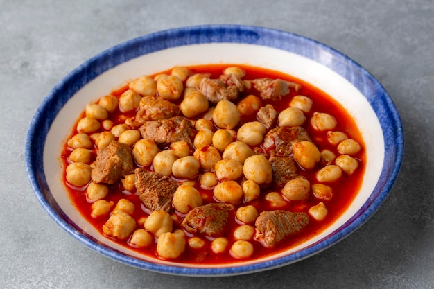 Traditional delicious Turkish foods; Turkish Food Chickpeas with Meat. Turkish name; Etli nohut