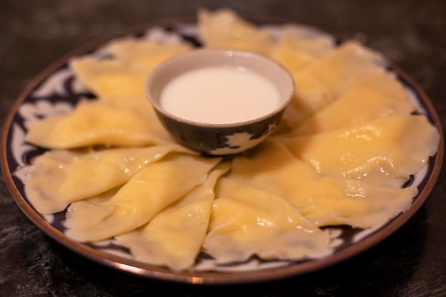 The traditional dish of Khorezm ravioli with eggs