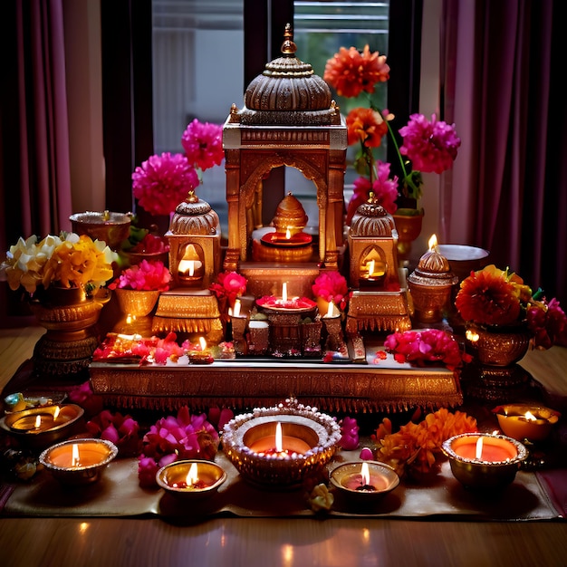 Photo traditional diwali altar with flowers diyas and ceremonial items