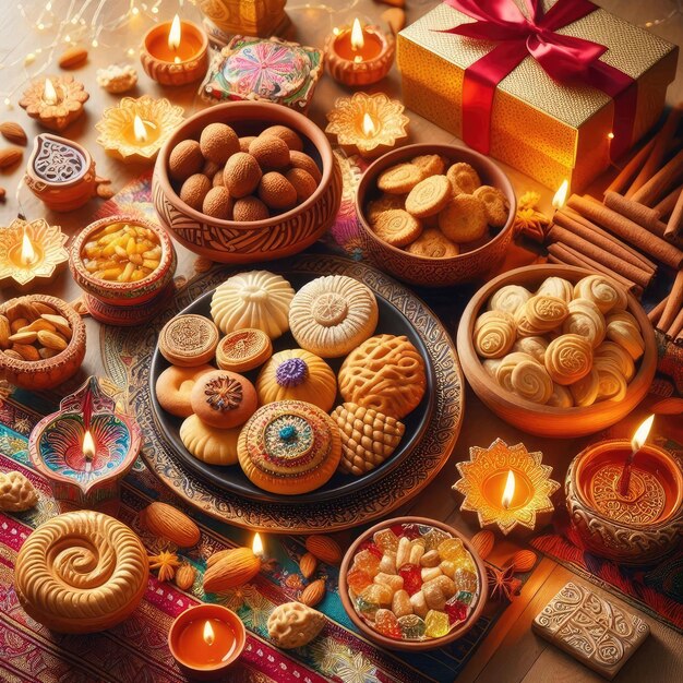 Traditional Diwali celebration at home with Happy Diwali sweets food lamps and gifts