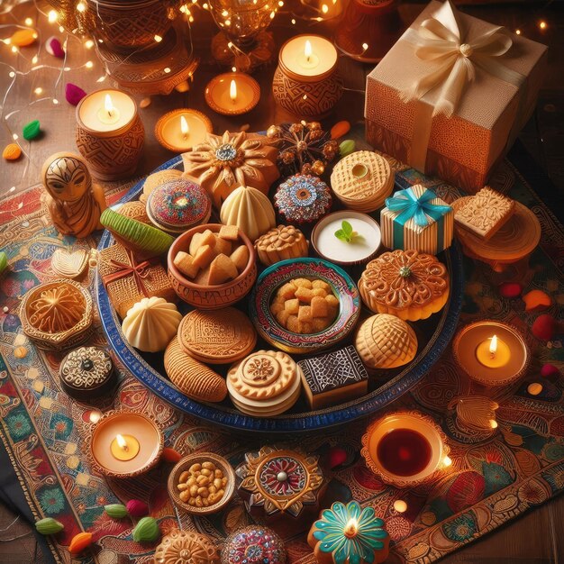 Traditional Diwali celebration at home with Happy Diwali sweets food lamps and gifts