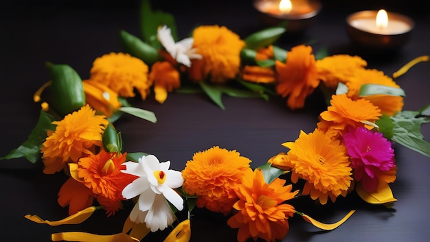 Traditional Diwali Garlands of Marigold and Jasmine Flowers