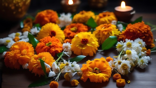 Photo traditional diwali garlands of marigold and jasmine flowers