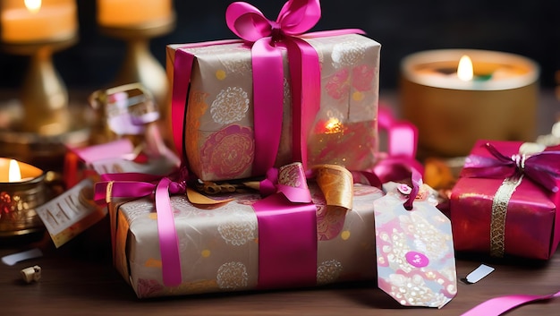 Photo traditional diwali gift wrapping with ribbons and tags