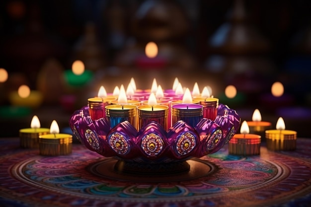 Traditional Diwali lamp with colorful candles