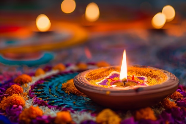 Traditional diya lamp on floral rangoli for diwali